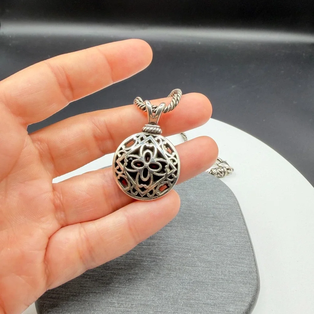 Silver Tone Openwork Floral Medallion Pendant Rope Chain Boho Statement Necklace